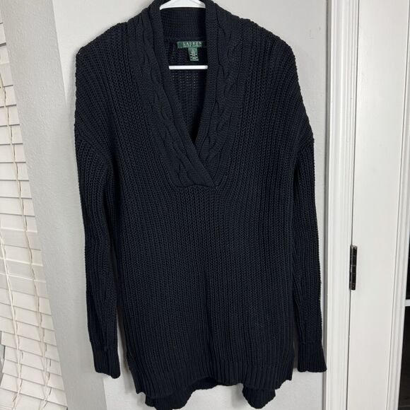 LRL Lauren Ralph Lauren Black Fisherman’s Chunky Knit Sweater 100% Cotton S - Picture 5 of 5